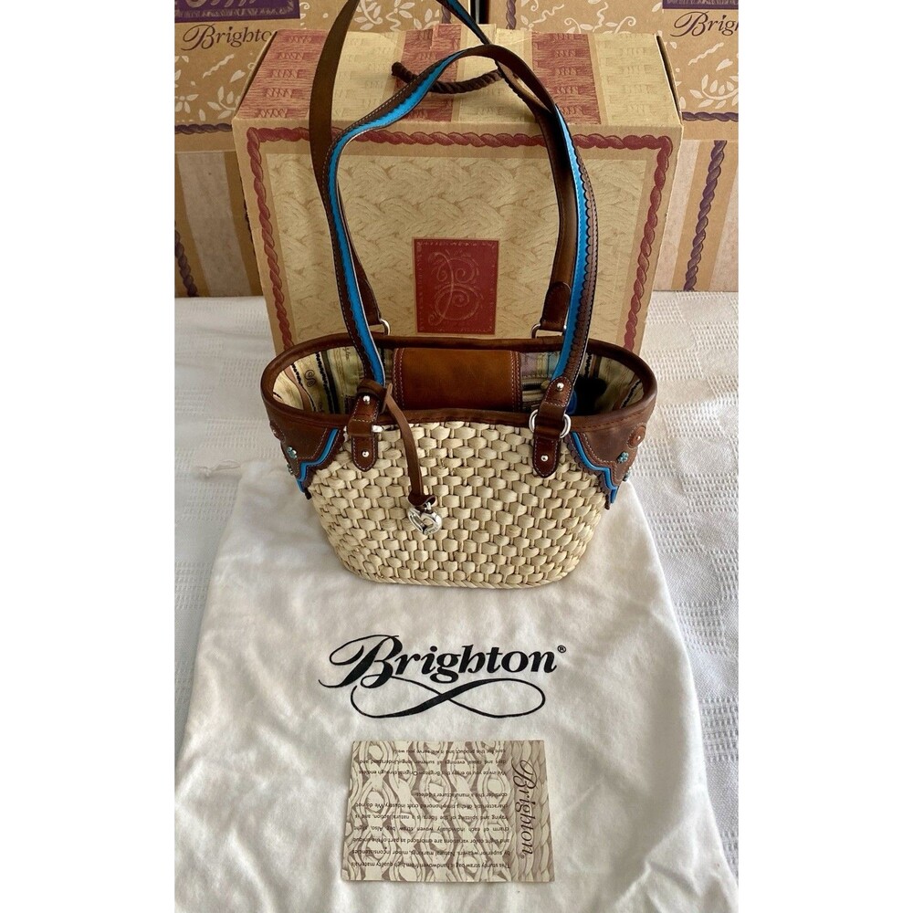 Woven Straw & Leather Brighton CHEYENNE Bag H70558 W/ Turquoise Beads, Charm….